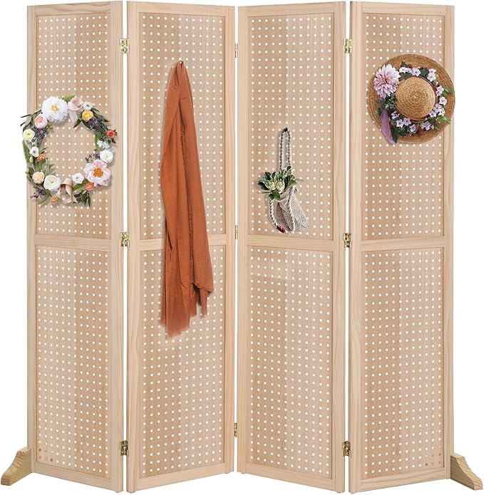 Bonnlo 4 Panel Pegboard Freestanding, 5 FT Portable Display Board Organizer for Craft Show Jewelry, Wooden Folding Privacy Screen Room Divider (with Base, Natural)