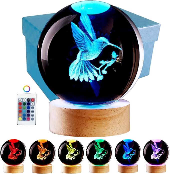 Conalisk 3D Hummingbird Crystal Ball Lamp,Lifelike 3D LED Bird Night Light,16 Colors Changing Light,Dimmable Remote Control,Desk Hummingbird lamp (Bird)