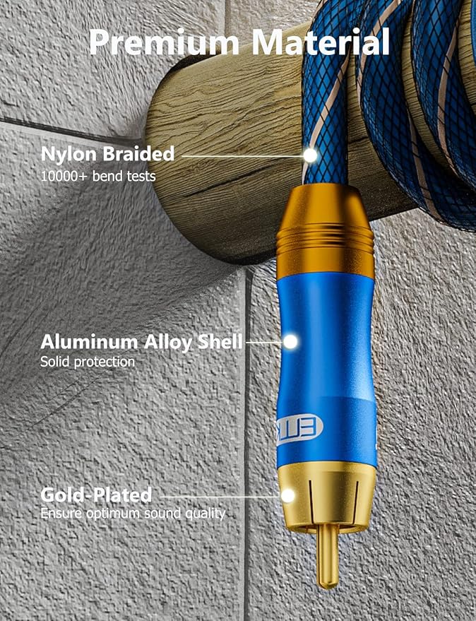 EMK Subwoofer Cable (9.8ft/3m) -Digital Coaxial/Subwoofer Cable Dual Shielded with Gold Plated RCA to RCA Connectors -Top Blue Series
