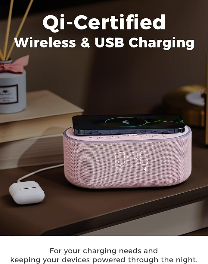 Odokee Wireless Charging Alarm Clock Radio: Qi Certified Fast Wireless Charger for iPhone Samsung - 10W Stereo Bluetooth Speaker - Dimmable Digital Clock with FM Radio for Bedroom Pink