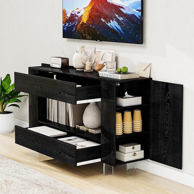 Vavkorkula TV Stand for 55 Inch with 2 Large Drawers & Hidden Storage Cabinets, Modern Farmhouse Entertainment Center Television Stands for Living Room Bedroom, Black