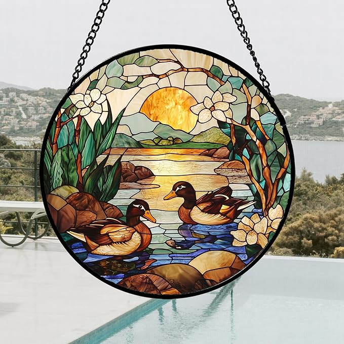AMDERVEN Stained Glass Window Hanging, Ducks in The Pond Sun Catcher for Door Home Decor Landscape Plant Suncatcher Christmas Mother's Day Birthday Gifts for Women Men Mom Nana 15 in