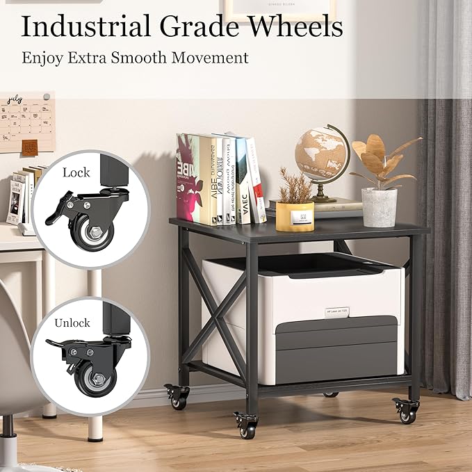 TQQDCI Printer Stand, 23.6 x 23.6 Inches Large Printer Stand with Storage Shelf, 2 Tier Printer Table for Home Office, Rolling Printer Cart with Industrial Wheels, Mini Fridge Stand Table, Black