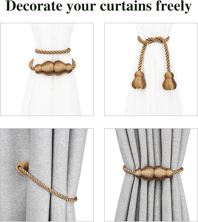 Nieffeiy Magnetic Curtain Tiebacks Outdoor Curtain Tie Backs Rope Decorative Magnetic Curtain Holders for Drapes Window Treatment Holdbacks, Khaki 6Pack