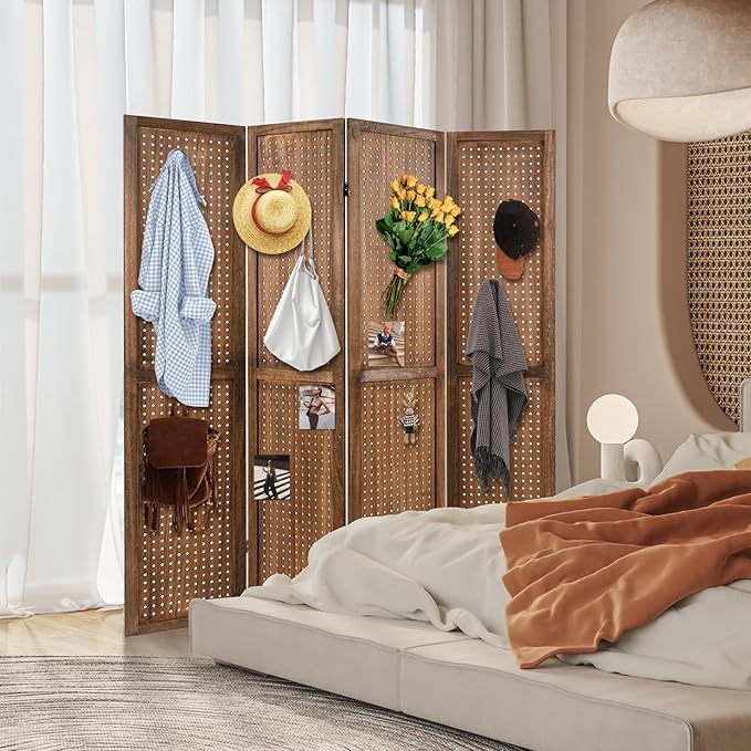 Giantex 4 Panel Pegboard Display & Room Divider, 5.6FT Folding Pegboard Stand for Crafting Show Jewelry Retail, Freestanding Privacy Screen, Wooden Partition Wall Divider for Room Separation, Brown