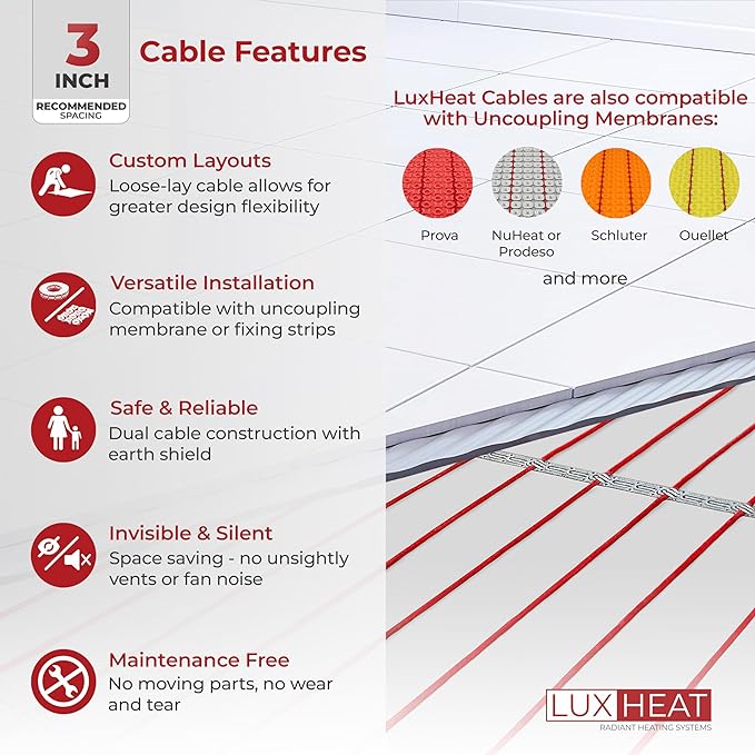 LuxHeat 140sqft Floor Heating Cable Kit - 240v Infloor Heat System - Heated Flooring System Includes UDG4 Programmable Thermostat w/GFCI, Heating Cable, Strapping, Floor Sensor & Alarm