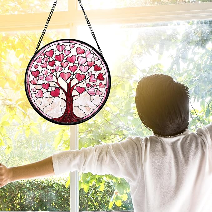 DASTOLL Stained Glass Window Hanging, Pink Love Heart Tree Suncatcher Hangings Beige Sun Catchers Decor for Birthday Holiday for Women, Men, Wife, Aunt, Mom 7.8 in