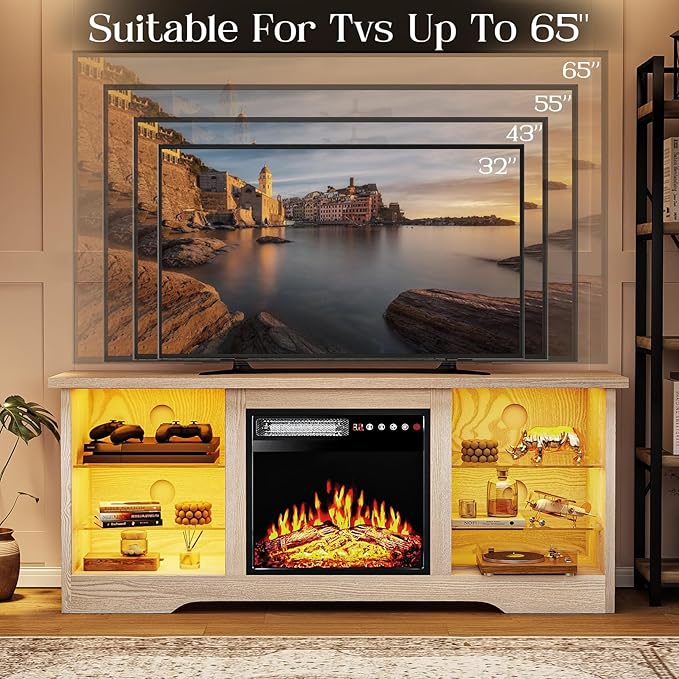 VITESSE 58 Inches Fireplace TV Stand for TVs up to 65 Inches Console with 18'' Electric Fireplace & Remote,Wooden Modern Entertainment Center for Living Room with LED Light Glass Shelves（Bei）