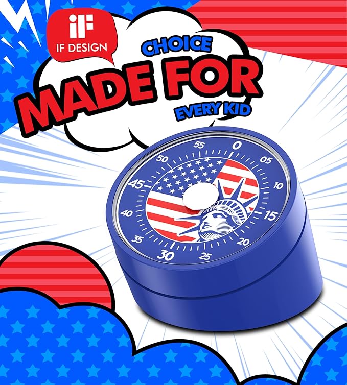 Rosenpatio Visual Timer for America Flag - Timers for Classroom Teachers 60 Minutes Countdown Home School Study Tool, Non-Ticking Rotating Timer for Exam Work Kitchen Office Gym, 1 Pack
