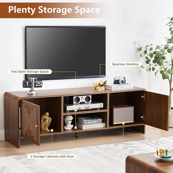 MAHYIZYI 58'' TV Stand for 65 inch TV, Mid Century Modern Entainment Center with Storage Cabinets & Open Shelf, Wood Media TV Console Table for Living Room, Office
