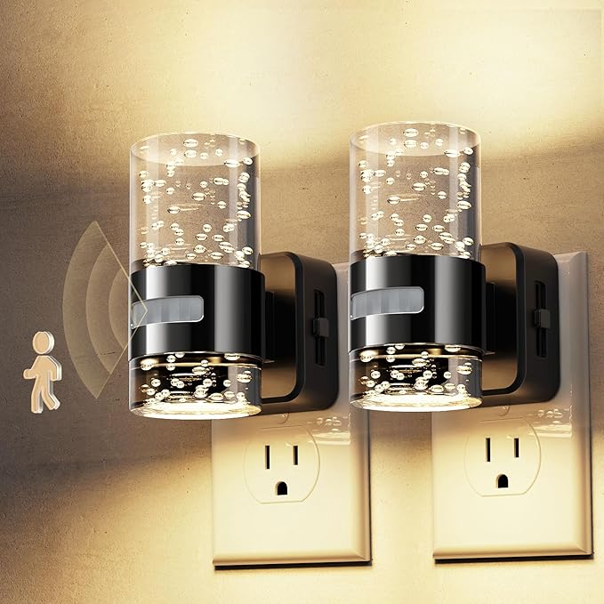 L LOHAS LED Motion Sensor Night Light,Dimmable Night Lights Plug into Wall, 2 Pack 3000K Night-Lights with 0-100 LM Adjustable, Acrylic Bubble Plug in Nightlights for Bathroom Hallway Nursery