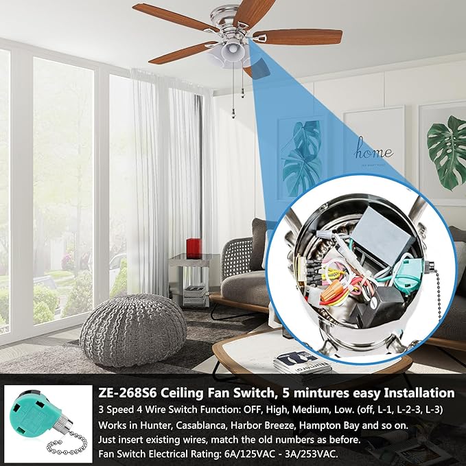Ceiling Fan Switch, 4 Wire Zing Ear ZE-268S6 Pull Chain Switch Replacement 3 Speed Control Switch Compatible with Hunter Ceiling Fans, Wall Lamps, Cabinet Light (Nickel Pull Chain)