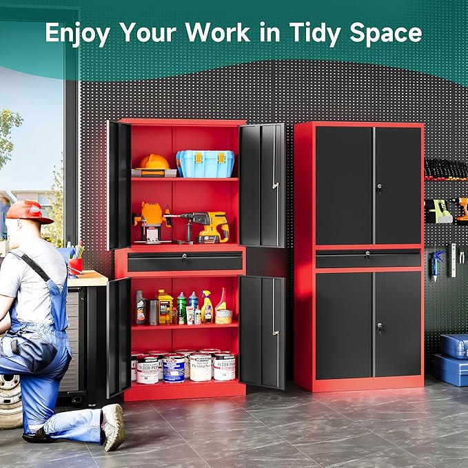 SISESOL Metal Storage Cabinet with Drawer and Lock,Garage Storage Cabinet with Locking Doors and Shelves,71" Black Red Metal Cabinets,Lockable Steel Tool Cabinets for Garage,Home,Office,Shop