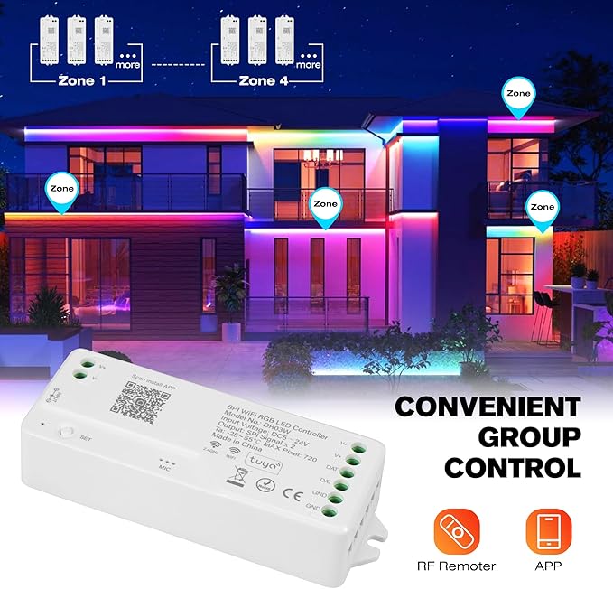 XXK DR03W WiFi SPI 5~24V RGB Controller - Designed for Addressable LED Strip Lights, Compatible with Alexa Google Home Siri Smart Life Tuya APP Control Work with RC03RF WR01RF 2.4GHz Remoter etc