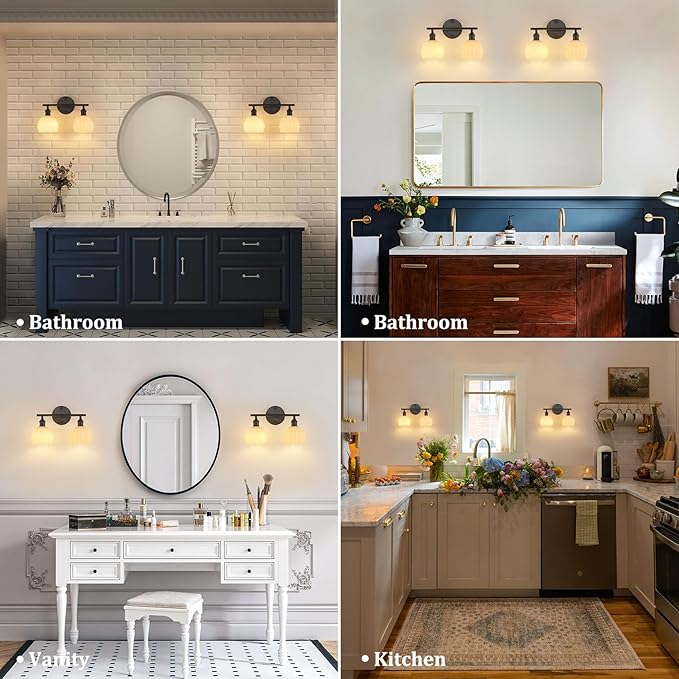 Shenmoyl Bathroom Light Fixtures, 2-Light Black Vanity Wall Light Over Mirror with White Tulip Glass Shade for Bedroom Living Room (Bulb Not Included)