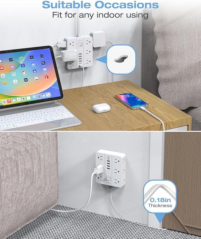 AOFO 20FT Surge Protector Power Strip,12 AC Outlets with 6 USB Ports (2 USB-C), Flat Plug Extension Cord with Multiple Outlets, Wall Mount for Home Office,Dorm, White