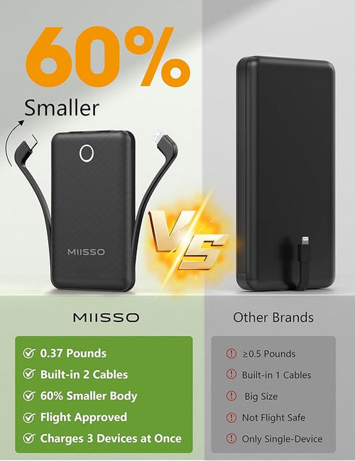 10000mAh Mini Portable Charger with Built in Cable, Pocket Size Power Bank Travel External Battery Pack for Phone, 3 Output USB Type C Cord Clutch Compatible with iPhone, Samsung, 2 Pack Black & Pink