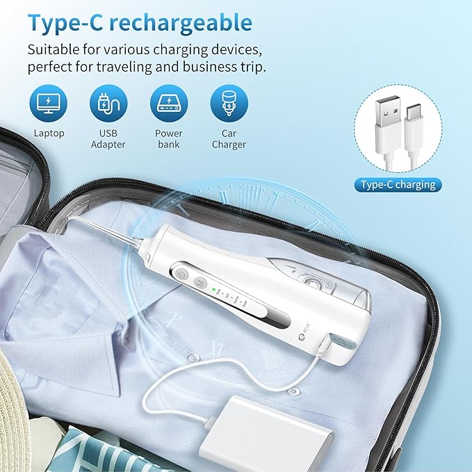 R REVA Cordless Oral Irrigator - 4 Modes Water Flosser for Teeth Cleaning, 300ML Reservoir, 360° Nozzle, IPX7 Waterproof, 2000mAh Rechargeable Battery, 4 Jet Tips, Smart Memory Function (M149 - White)