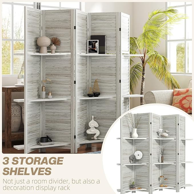 HOMCOM Room Divider, 5 Panel 67" Tall Wood Privacy Screen with 3 Display Shelves, and Folding Storage for Bedroom or Home Office, Distressed White