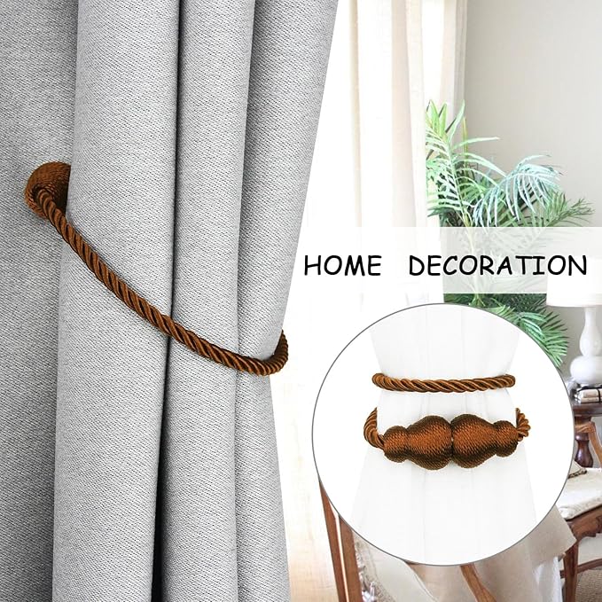 Nieffeiy Magnetic Curtain Tiebacks Outdoor Curtain Tie Backs Rope Decorative Magnetic Curtain Holders for Drapes Window Treatment Holdbacks, Brown 2Pack