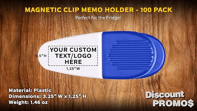 100 Magnetic Memo Holders Set - Customizable Text, Logo - Large Clip, Plastic - White Blue