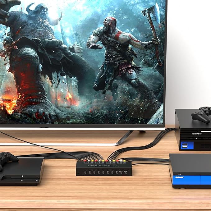 8 Port RCA to HDMI Converter 1080P/720P RCA Composite CVBS AV Switch to HDMI Converter Adapter Support 4:3/16:9 Switch, for Sega Xbox PS1 PS2 PS3 N64 NGC SNES WII VHS VCR Camera DVD(With Remote）