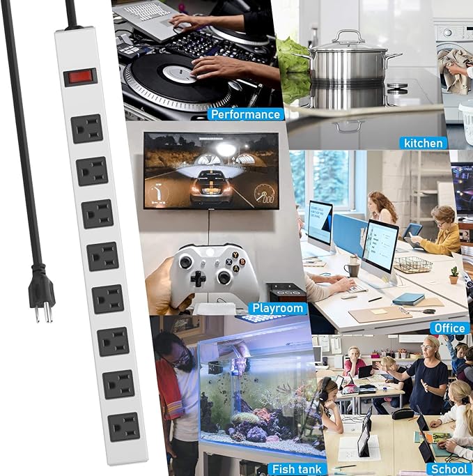 JUNNUJ Metal 8 Outlet Power Strip, Mountable Heavy Duty Power Strip, 1200J Surge Protector Wall Mount Screws Outlet with Switch, Gaming Desk Strips Wide Spaced 15A 125V 1875W, 6 FT 14AWG Power Cord