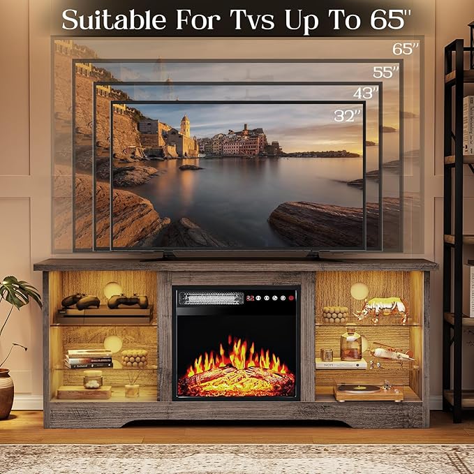 VITESSE 58 Inches Fireplace TV Stand for TVs up to 65 Inches Console with 18'' Electric Fireplace & Remote,Wooden Modern Entertainment Center for Living Room with LED Light Glass Shelves（Gray）
