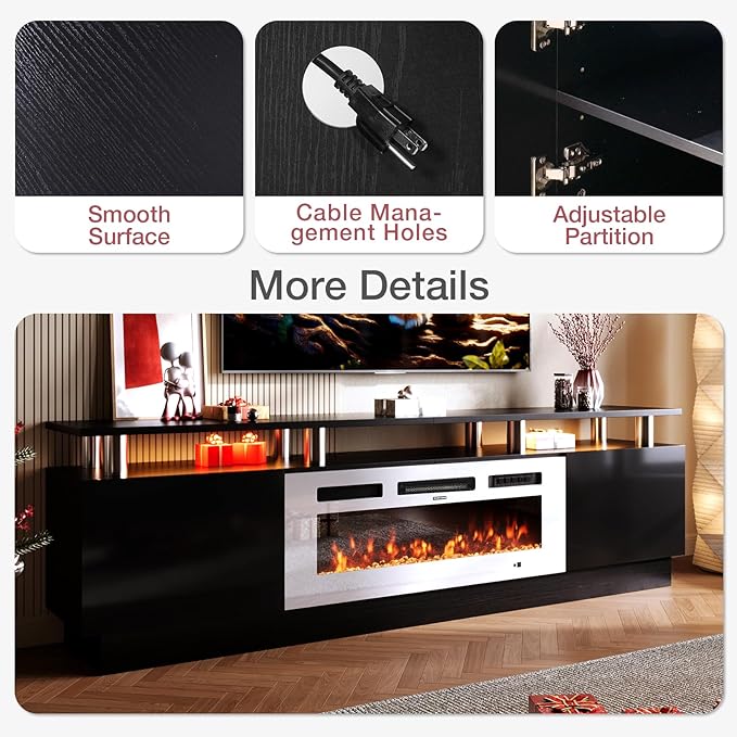 oneinmil Fireplace TV Stand with 36” Electric Fireplace, 80” 2 Tier TV Console Stand for TVs Up to 90", LED Light Entertainment Center, Fireplace for The Living Room TV Stand, Black