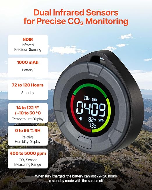 VEVOR Carbon Dioxide Monitor, CO2 Controller with Temperature and Humidity Display, NDIR Sensor Carbon Dioxide Detector, for Outdoors, Home, Office, Car, Lightweight & Portable
