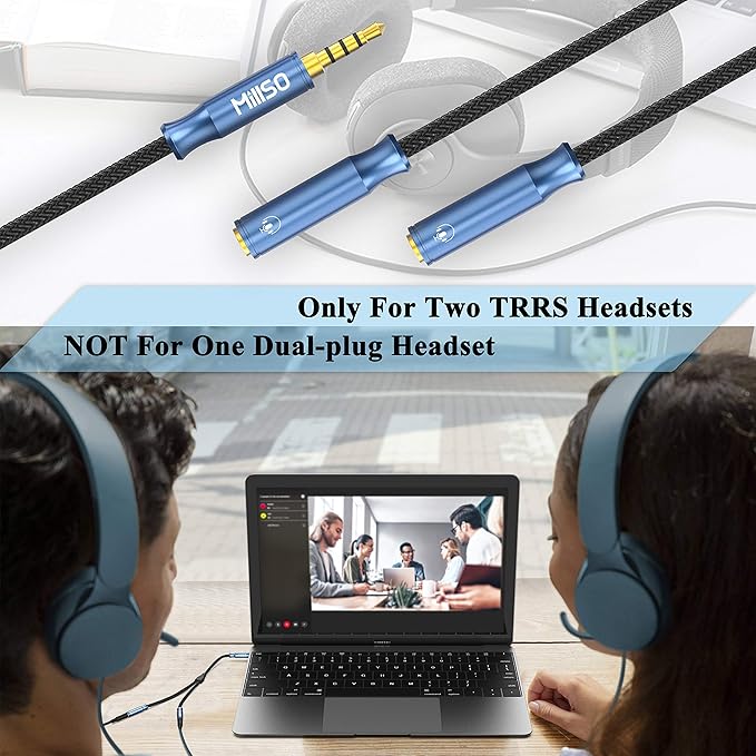 MillSO 3.5mm 4 Pole TRRS Audio Splitter Cable Nylon Braided Stereo Aux Splitter for 2 TRRS Headset to PC Laptop PS4 Xbox Smartphone - 1 FT