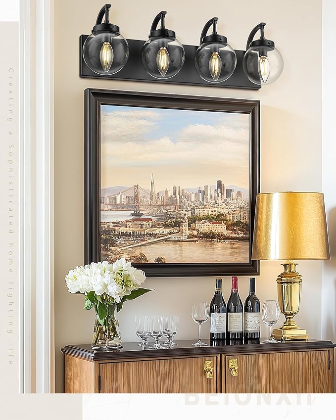 Beionxii 4-Light Bathroom Light Fixtures, Black Bathroom Vanity Light with Clear Glass Shade, Modern Vanity Lighting Fixtures Over Mirror Living Room Hallway, BX-VL03MB-4CG