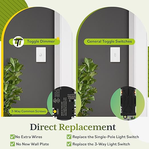 TG Toggle Dimmer Switch for LED, CFL, Incandescent Bulbs, Single-Pole or 3-Way, 2-Wire, No Neutral Required, Quiet Glide, UL-Listed, Wall Plate Included, White, 10-Pack