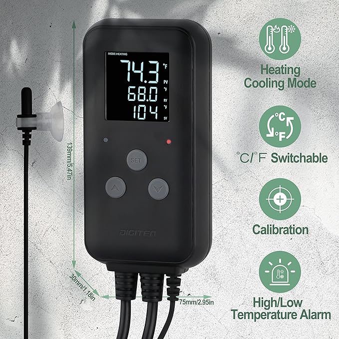 DIGITEN Waterproof Digital Temperature Controller for Aquarium, Greenhouse & Outdoor Heating - 10A Heat Mat Thermostat Controller