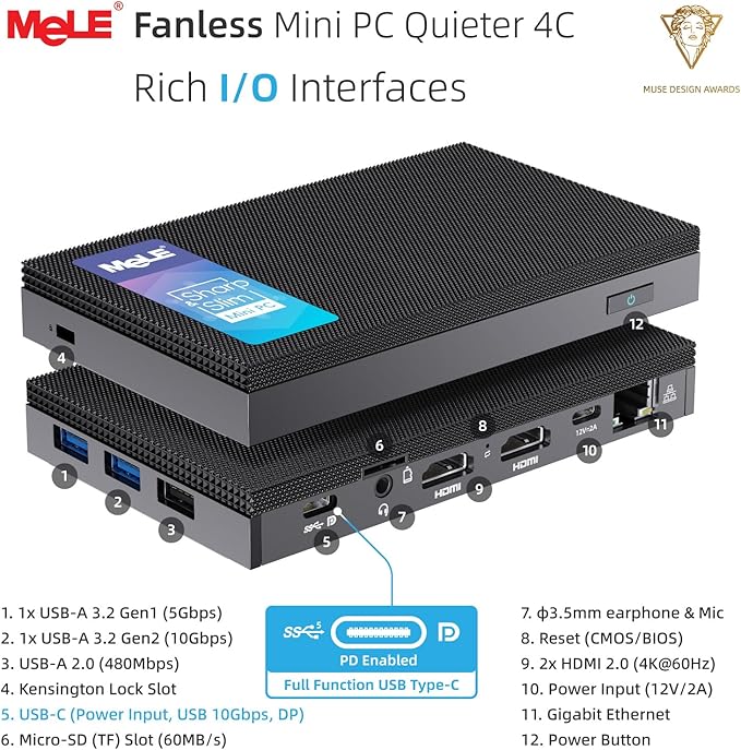 MeLE Mini PC Quieter 4C, N100 Fanless Mini Computers, 32GB LPDDR5 RAM(4800MHz), 512GB SSD, 2.4/5G Wi-Fi, Full-Functional USB-C, 4K Triple Display Desktop on Office, Education, Astrophotography