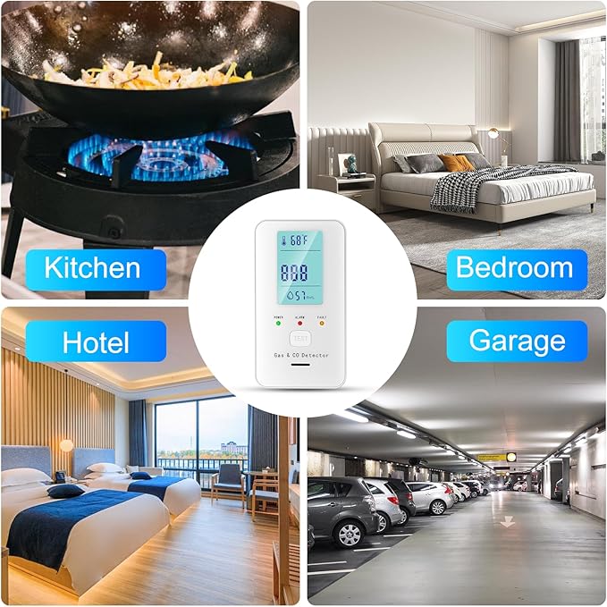 4in1 Combustible Natural Gas & Carbon Monoxide Detector, CO Leak Detector Home Air Quality Monitor with Digital Display for Temperature and Humidity, Kitchen & RV Alarm (Black)