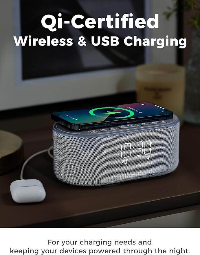 Odokee Wireless Charging Alarm Clock Radio: Qi Certified Fast Wireless Charger for iPhone Samsung - 10W Stereo Bluetooth Speaker - Dimmable Digital Clock with FM Radio for Bedroom Gray
