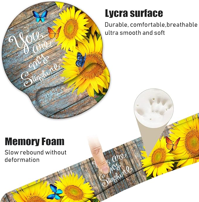 Keyboard Wrist Rest and Mouse Pad Wrist Support Set with Coasters, Ergonomic Gaming Mousepad for Home Office Working Studying Easy Typing & Pain Relief, Sunflower, You are My Sunshine