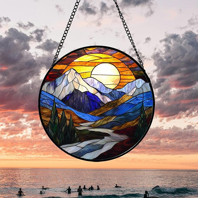 AMDERVEN Stained Glass Window Hanging, Yellow Blue Sunset Mountains Scenery Sun Catcher for Window Home Decor Landscape Suncatcher Mother's Day Birthday Gifts for Women Men Mom and Nana 6.3 in