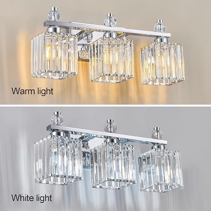 FDPBY Bathroom Vanity Lights 3-Light Modern Crystal Vanity Light Chrome Bathroom Light Fixtures Over Mirror Crystal Bathroom Vanity Lighting Fixtures