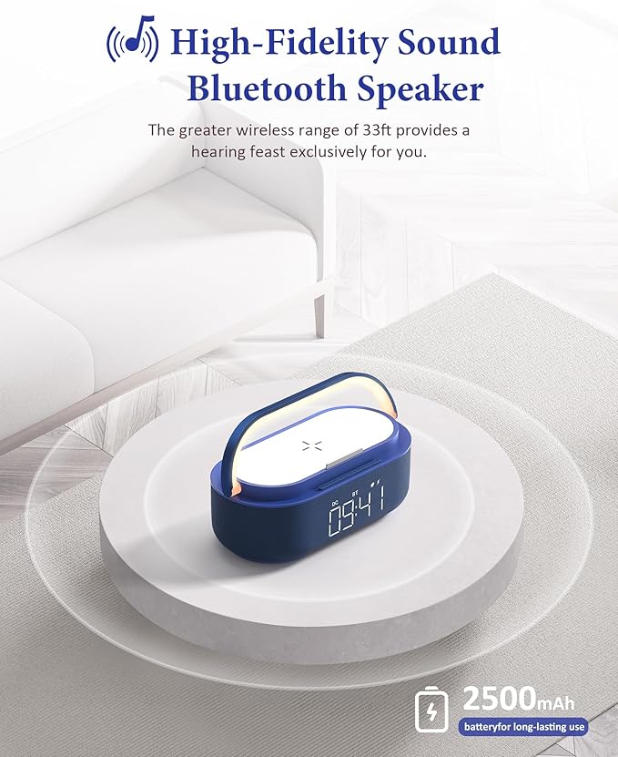 COLSUR Bluetooth Speaker Alarm Clock with Wireless Charger, FM Radio, Adjustable LED Night Light, 6 in 1 Bedroom Portable Speaker 2500mAh, Phone Stand for Bedside, Home, Office, Gift (Blue)