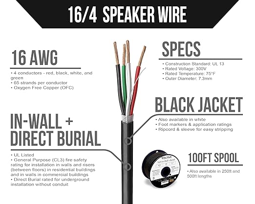 Voltive 16/4 Speaker Wire, in-Wall CL3 & Direct Burial, Black, 100ft - 16AWG, 4 Conductors, Stranded Oxygen-Free Copper, UL Listed - V-1211-1