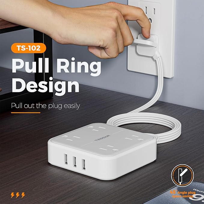 Flat Plug Surge Protector Power Strip, TESSAN 5 ft Extension Cord with 4 Outlets and 3 USB Ports, Indoor Desk Charging Station, 900J Surge Protector for Travel, Office, School, Dorm Room Essentials