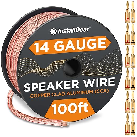 InstallGear 14 Gauge Wire AWG Speaker Wire with 12 Banana Plugs (100ft - Clear) - Speaker Cable for Car Speakers Stereos, Home Theater Speakers, Automotive Wire, Outdoor - Speaker Wire 14 Gauge