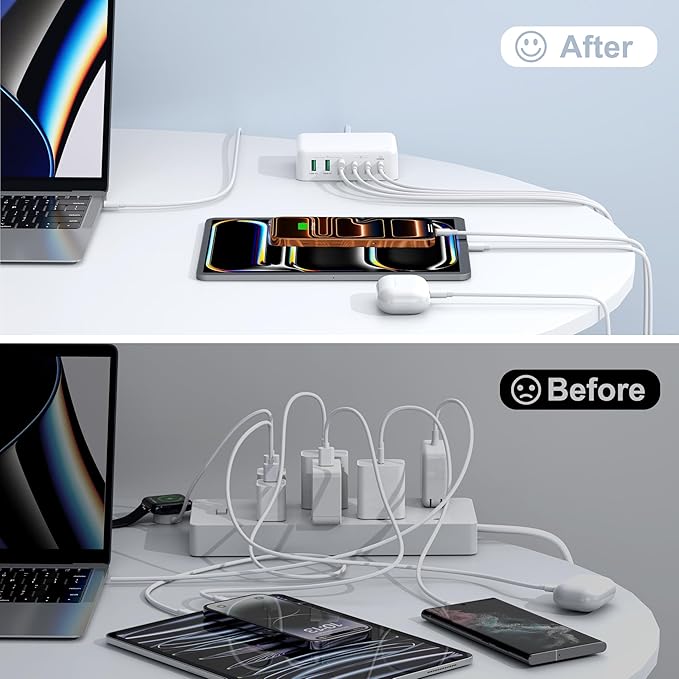 USB C Fast Charger, 150W 6 Port Desktop PD GaN Fast Charger Charging Station Block 65W USB C Laptop Power Adapter for MacBook Pro/Air iPad iPhone 17 16 15 14 13 Pro Max Galaxy S24 Note 20 Pixel