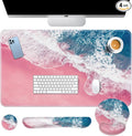 Britimes Blue Sea Keyboard Mouse Pad Set Pink Sand Beach 4in1 Large Mousepad+Keyboard Wrist Rest+Mouse Wrist Rest+Coaster Set with Ergonomic Design for Home Office Computer 35.4x15.7 inches