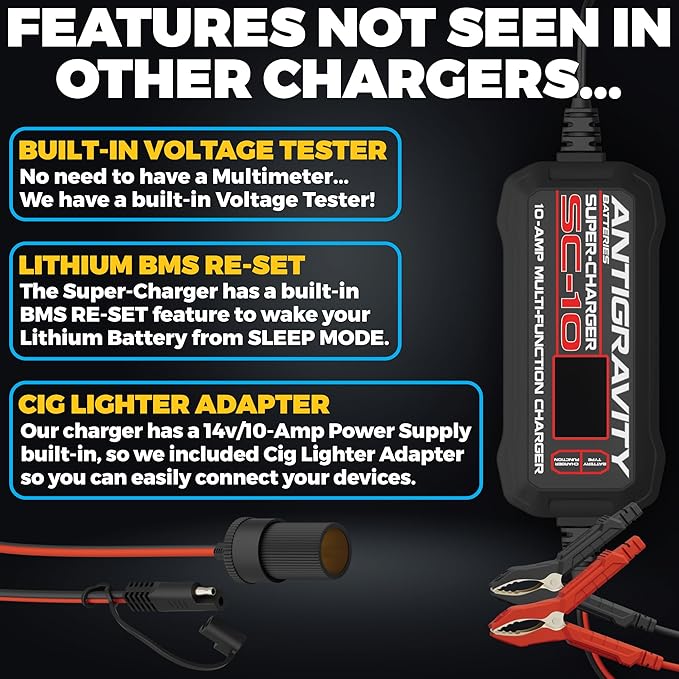 Antigravity SC-10 Super-Charger 10A Smart Battery Charger & Maintainer for 6V/12V Lithium (LiFePO4) & Lead-Acid Batteries – LCD Display, Power Supply Mode, BMS Reset
