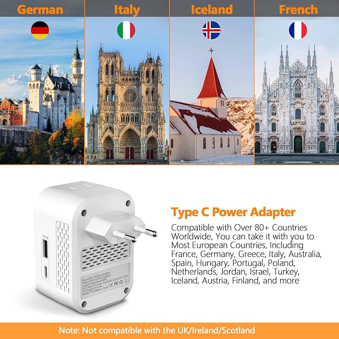Shayangyoung Voltage Converter US to Europe, 220V to 110V Converter for European Travel, Universal Travel Adapter with 20W PD, 2 Type-C Port 2 USB-A, Power Plug Combo for Germany Italy - White-Z