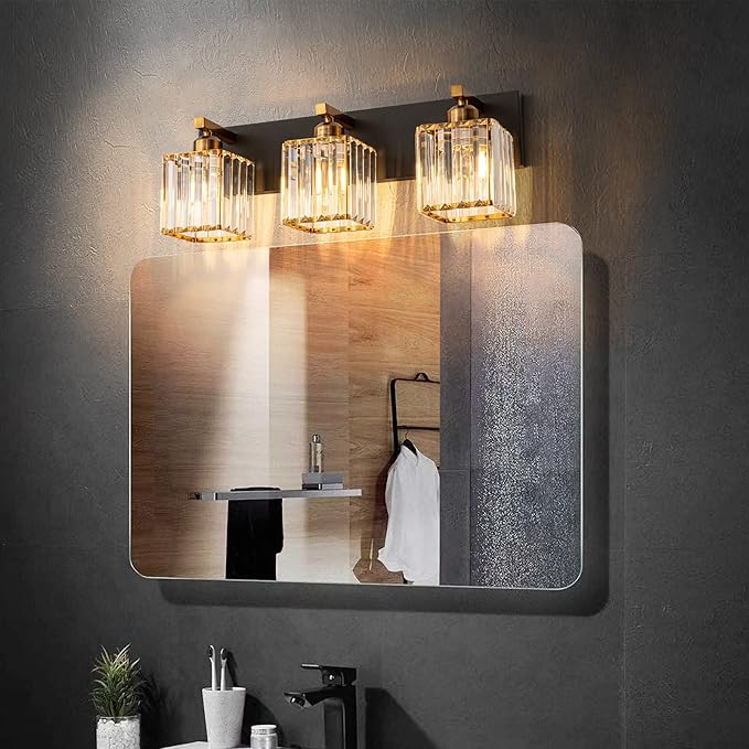 FDPBY Modern Bathroom Vanity Light 3-Lights Black Gold Crystal Bathroom Wall Light Vanity Light Fixtures，20.47-inch Modern Minimalist Design
