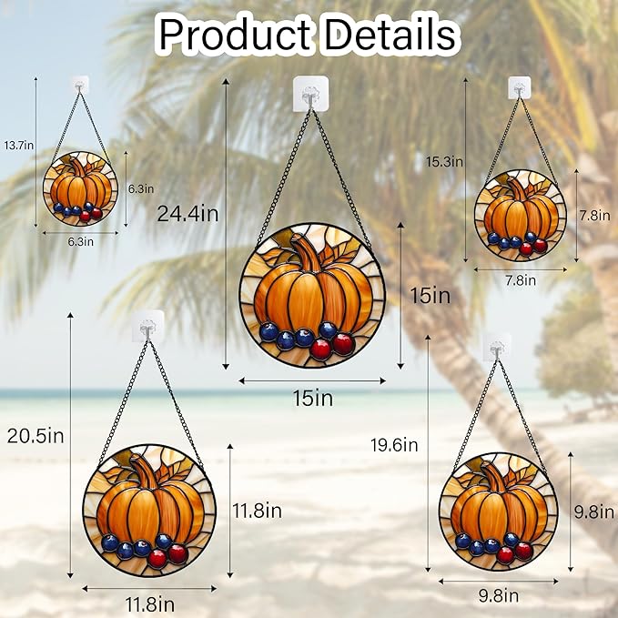 DASTOLL Stained Glass Window Hanging Fall Pumpkin Berries 9.8" - Suncatcher Door Garden Kitchen Sunroom Sun Catcher Autumn Home Decor Birthday for Mom Grandma Men Woman